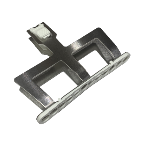 GI F807138 A metallic component with a rectangular base, two cut-outs, and a white plastic part with circular holes and a latch, designed for the Pipetman M Tip Ejector Assembly, Multichannel, 12 Channel, 1200μL (P12x1200M), by Gilson.