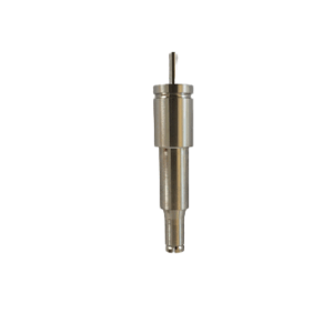 A cylindrical metal mechanical part with stepped sections and a top pin from the Microman E Clamp Assembly, M1000E (Gilson), isolated on a white background.
