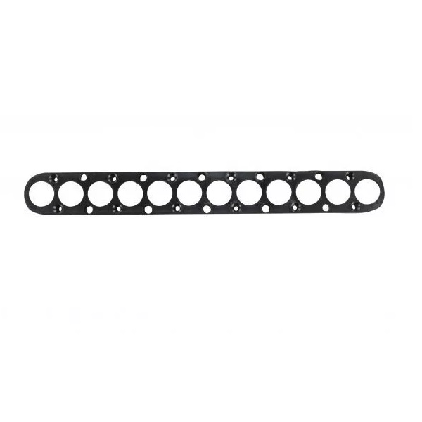 A black, elongated metal strip with evenly spaced circular holes, the eLINE / Picus / Picus NxT Tip Cone Support Plate, 12 Channel, 1200μL (Sartorius) is shown isolated on a white background.