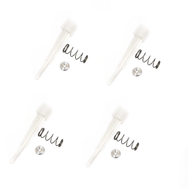 Four sets of components from the Labnet Shaft Kit, 4 Pack, Multichannel, 10μL - Internal (Labnet), are arranged in a grid on a white background—perfect for multichannel pipette repairs.
