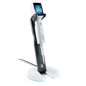 The HandyStep touch Electronic Repeating Pipette & Inductive Charging Stand Bundle (BrandTech) features a digital display and sits on a sleek charging stand with a power cord—perfect for seamless use in your lab.