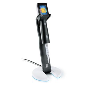 The HandyStep touch Electronic Repeating Pipette & Inductive Charging Stand Bundle (BrandTech) features a pipette upright on a modern inductive charging stand with a white and black base.