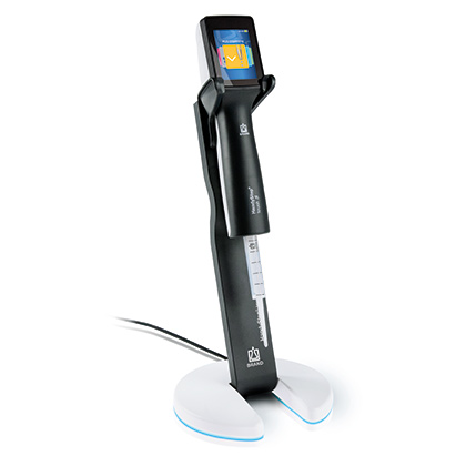 The HandyStep touch Electronic Repeating Pipette & Inductive Charging Stand Bundle (BrandTech) features a pipette upright on a modern inductive charging stand with a white and black base.