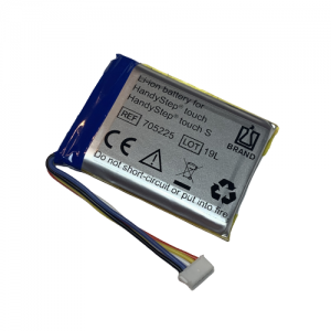A rectangular HandyStep touch & touch S Li-Ion Battery (BrandTech) with wiring and connector, labeled with safety symbols and usage details for HandyStep touch devices.