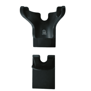 HandyStep touch & touch S Shelf or Rack Mount (BrandTech) shown from top and front angles; features a black plastic, open U-shaped wall-mount design with the BrandTech logo on the front.
