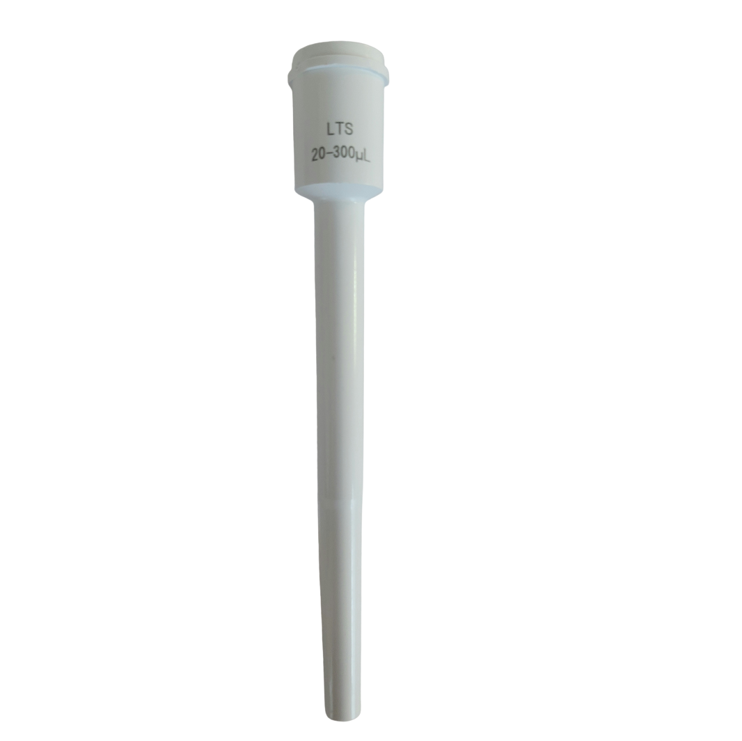 A white pipette tip labeled Rainin Standard Length Shaft, LTS, 300μL (Rainin) stands upright against a plain background.