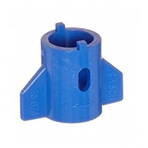Blue plastic collar with side wings and central hole, marked Gilson and 23674, used as a spare part or calibration key accessory for the Pipetman F Fixed, Calibration Key, All Volumes (Gilson).
