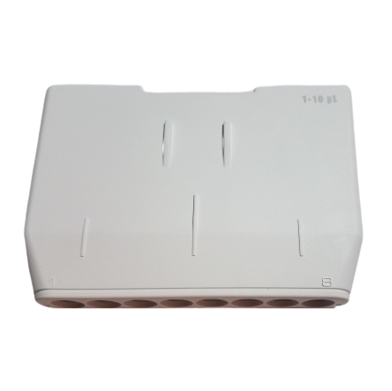 White plastic pipette tip rack labeled 1-10 µL, with eight openings, ideal for use with the Gilson Pipetman G Housing Kit, Multichannel, 8 Channel, 1-10μL.