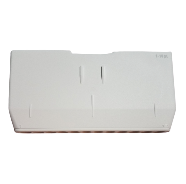 White plastic Pipetman G Housing Kit cover for multichannel 12-channel pipettes, labeled 1-10μL and positions 1, 12; compatible with Gilson Pipetman G.