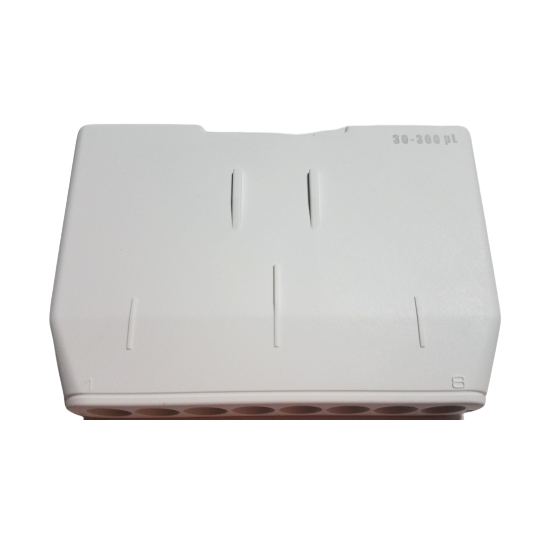 Front view of the Pipetman G Housing Kit, Multichannel, 8 Channel, 30-300μL (Gilson) shows multiple tip openings—ideal for use with an 8 channel multichannel pipette.