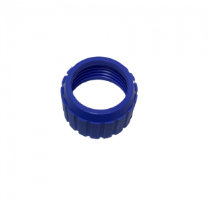 A blue, threaded plastic Pipetman F Fixed Coupling/Connecting Nut (Gilson), with ridged edges, is shown on a white background. Suitable for all volumes of Gilson Pipetman F Fixed pipettes.