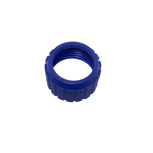 GI F144723 A blue, threaded plastic Pipetman F Fixed Coupling/Connecting Nut (Gilson), with ridged edges, is shown on a white background. Suitable for all volumes of Gilson Pipetman F Fixed pipettes.
