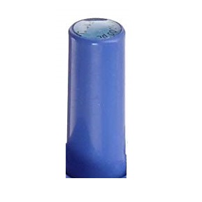 GI F14474 buttons A blue plastic Gilson Plunger Button F5000 with a rounded, slightly glossy top is shown against a white background, designed for the Pipetman F Fixed.