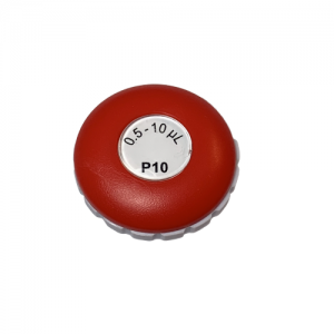 Red plunger button with ridged edges for Pipetman G, L & Neo multichannel pipettes, 10μL (P8x10L, P12x10L), shown on a white background—perfect for precise liquid handling with trusted Gilson quality.