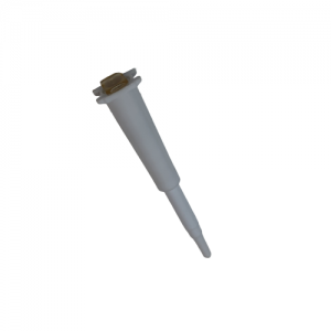 A white plastic piston assembly for Gilson Multichannel Pipetman M (8 & 12 channels, x10, 10μL), featuring a gold-colored filter, shown on a plain white background.
