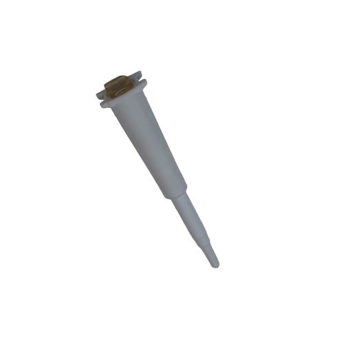 GI F507034 A white plastic piston assembly for Gilson Multichannel Pipetman M (8 & 12 channels, x10, 10μL), featuring a gold-colored filter, shown on a plain white background.