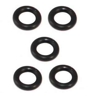 Five black Pipetman M O-rings (Single Channel, 5 Pack, P300M by Gilson) are displayed on a white background in a dice-five pattern, perfect replacements for P300M pipettes.