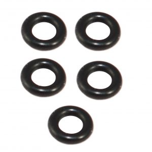 Five black Pipetman M O-ring, Single Channel, 5 Pack, P100M (Gilson) are arranged in a V-shape on a white background, ideal for use with single channel pipettes.