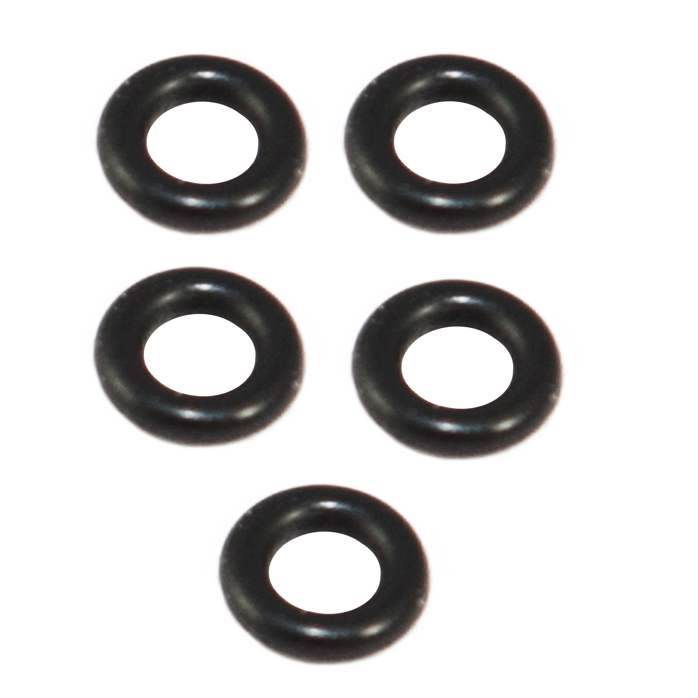 GI F807146 Five black Pipetman M O-ring, Single Channel, 5 Pack, P100M (Gilson) are arranged in a V-shape on a white background, ideal for use with single channel pipettes.