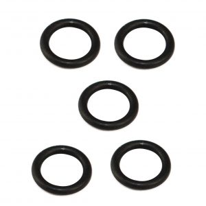 Five black Ultra O-rings (Pipetman M, Concept & Ultra O-ring, 5 Pack, U1000, P1000M, P1200M, C1200 by Gilson) are arranged on a white background.