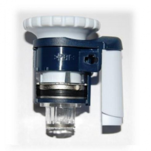 A close-up of a Gilson Pipetman L & L Auto Lock/Unlock Assembly, 5000μL/10mL replacement part with a white and blue plastic body and a cylindrical clear bottom attachment.