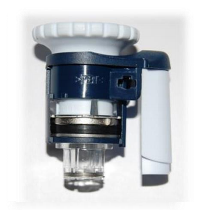 A close-up of a Gilson Pipetman L & L Auto Lock/Unlock Assembly, 5000μL/10mL replacement part with a white and blue plastic body and a cylindrical clear bottom attachment.
