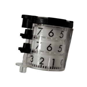 A close-up of the Pipetman L Autoclavable Counter Assembly (P100L, P200L, Lx200, Lx300) by Gilson features a mechanical display with three rotating dials (0–9), designed for reliable lab performance and easy autoclaving.