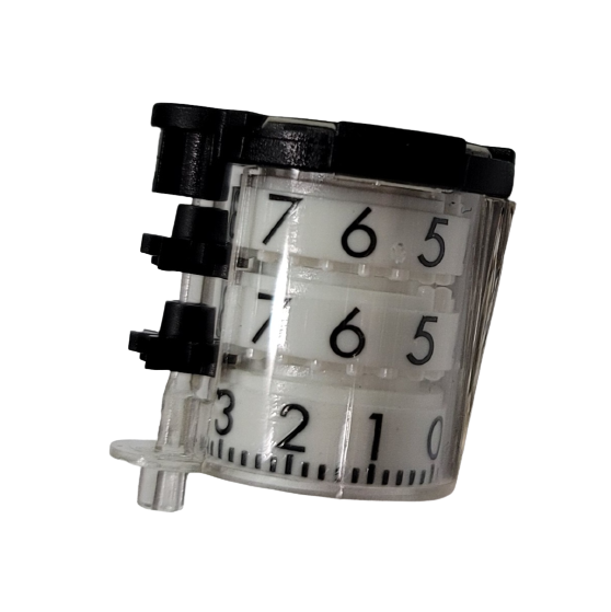 GIFA07248-1 A close-up of the Pipetman L Autoclavable Counter Assembly (P100L, P200L, Lx200, Lx300) by Gilson features a mechanical display with three rotating dials (0–9), designed for reliable lab performance and easy autoclaving.