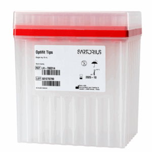 A clear plastic box of Sartorius Optifit Racked Tips, 10mL, red, 155mm, single tray with 35 tips. Product label includes reference and lot numbers.