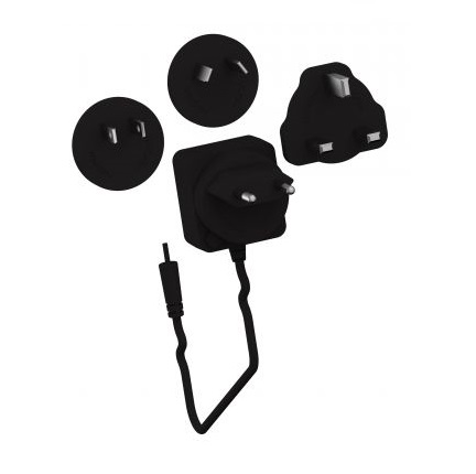 F107203-Power-supply A black Macroman New Version Power Supply/Adapter (Gilson) with interchangeable plug attachments for various regions is shown, featuring three plug types and a connected cable.