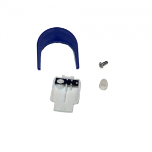 Four small parts—a blue curved clip, a white piece with a transparent section, a metal screw, and a small white cap—from the Gilson Macroman, Older Version, Battery Cover Set (White) are arranged on a white background.