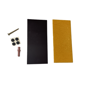 A screw, wall plug, four round adhesive pads, a black rectangular piece, and a yellow adhesive pad from the Macroman Mounting Kit for Charging Stand (Gilson) are displayed on a white background.