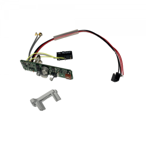 Macroman, Older Version, Electronic Set (Gilson) electronic circuit board with attached wires and components, plus a separate metallic mounting bracket, shown on a white background.