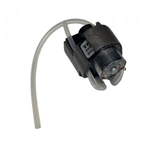 Small electronic component from a Macroman, Older Version, Pump Set (Gilson), with black casing, transparent tubing, and visible wires, photographed on a white background.