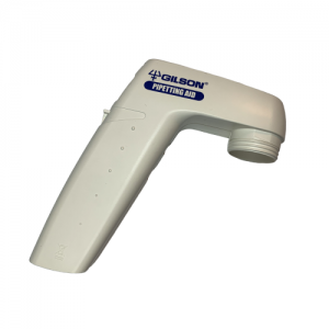 A white Gilson pipetting aid with a blue logo and label is shown from the side on a white background next to the Macroman Case Set (Gilson).