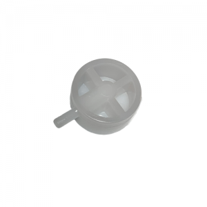 The Macroman, Older Version, Interim Connector (Gilson) is a small, round, white plastic connector with a side nozzle and cross-shaped internal structure, shown from above on a white background.