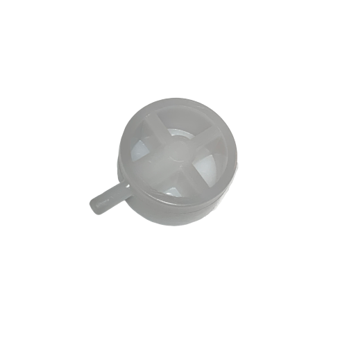 GI F1077531 The Macroman, Older Version, Interim Connector (Gilson) is a small, round, white plastic connector with a side nozzle and cross-shaped internal structure, shown from above on a white background.