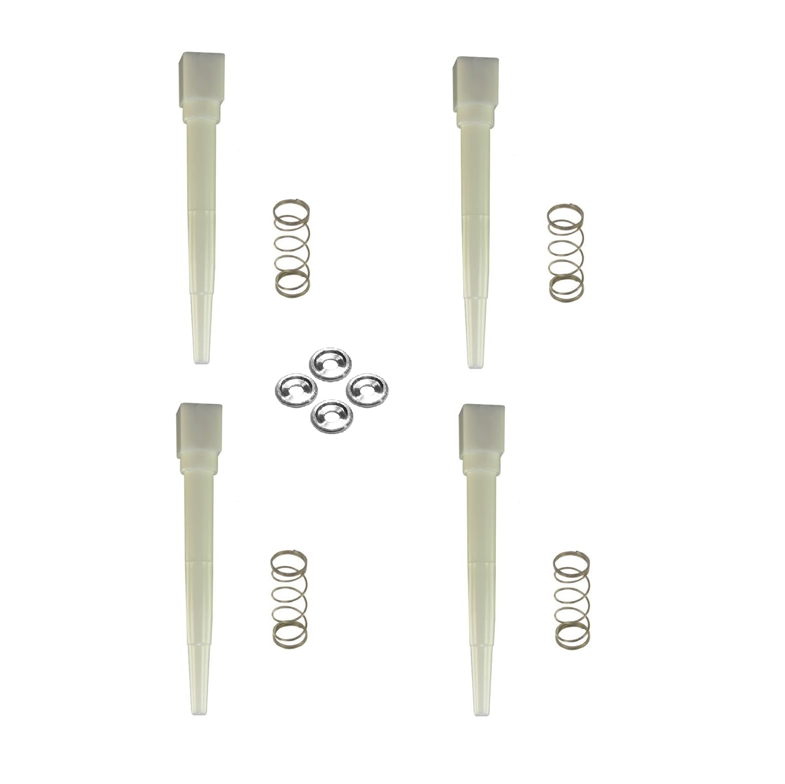 Four white plastic nozzles, four metal springs, and four round metal washers from a Labnet Shaft Kit, 4 Pack, Multichannel, 50μL – Internal (Labnet) are arranged on a white background.