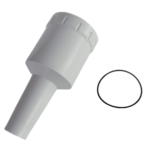 Rainin Traditional Conical Tip Holder / Shaft with O-ring, R, SL, SE3, 10mL—white plastic adapter with threaded top and separate black O-ring for Rainin 10mL pipettes, shown on a white background.