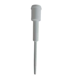 A white Rainin Traditional Conical Tip Holder/Shaft, R, SH, SL, 2μL is shown with a long nozzle and conical tip holder against a plain white background, evoking the precision of Rainin laboratory equipment.