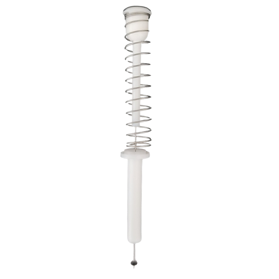 A Pipet-Lite XLS+ / E-Man Piston Assembly, H-2, L-2 for LTS Shaft, 2μL (Rainin) features a white handle and long metal spiral piston with rounded tip, shown against a plain white background.