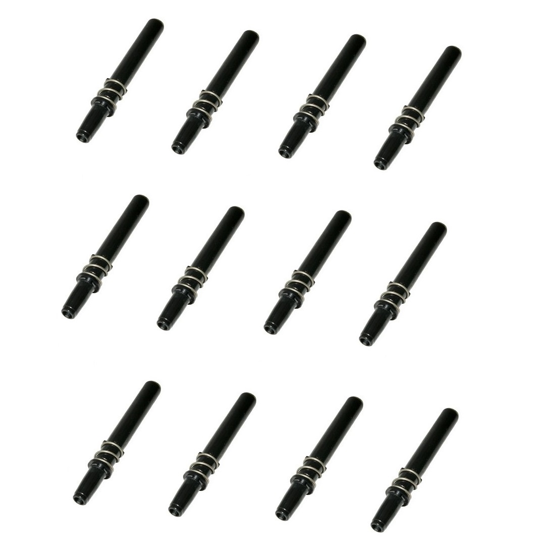 726119 Twelve identical black pen ink converters, resembling a mLINE / Tacta Piston Assembly Pack, 12 Channel, 30-300μL (Sartorius), are arranged in rows on a white background.