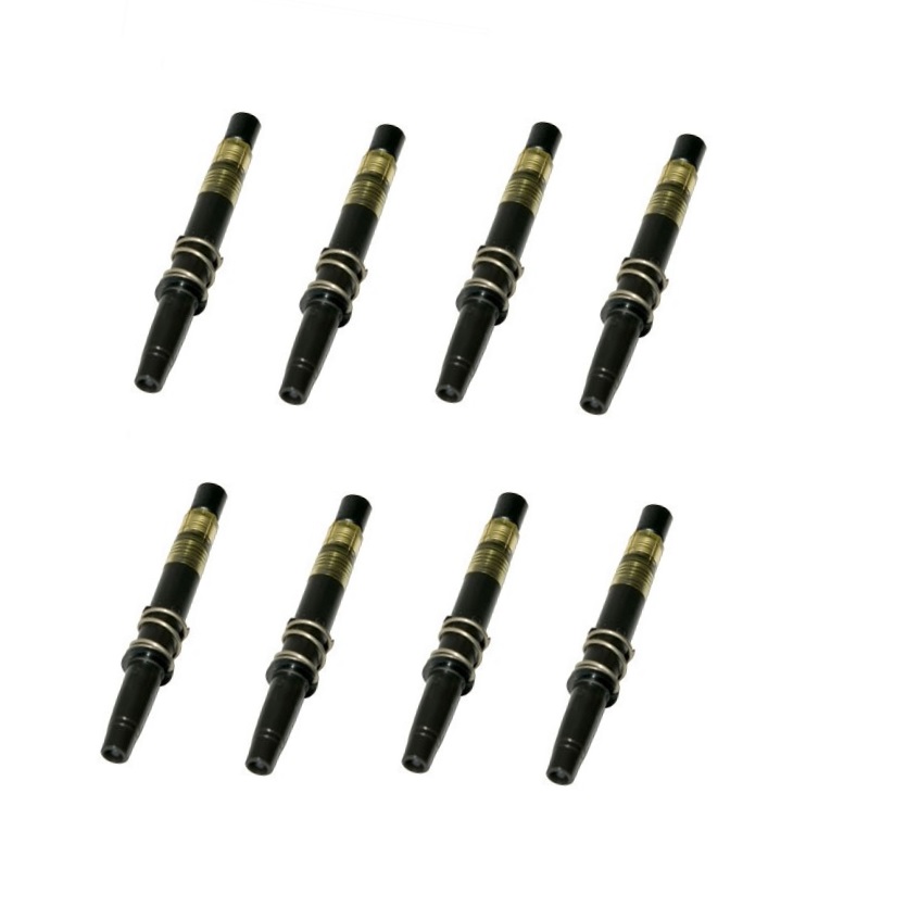 BH726099 Eight identical black and brass valve cores from a Sartorius mLINE / Tacta Piston Assembly Pack, 8 Channel, 10-100μL, are arranged in two rows on a white background, resembling an 8-channel setup.