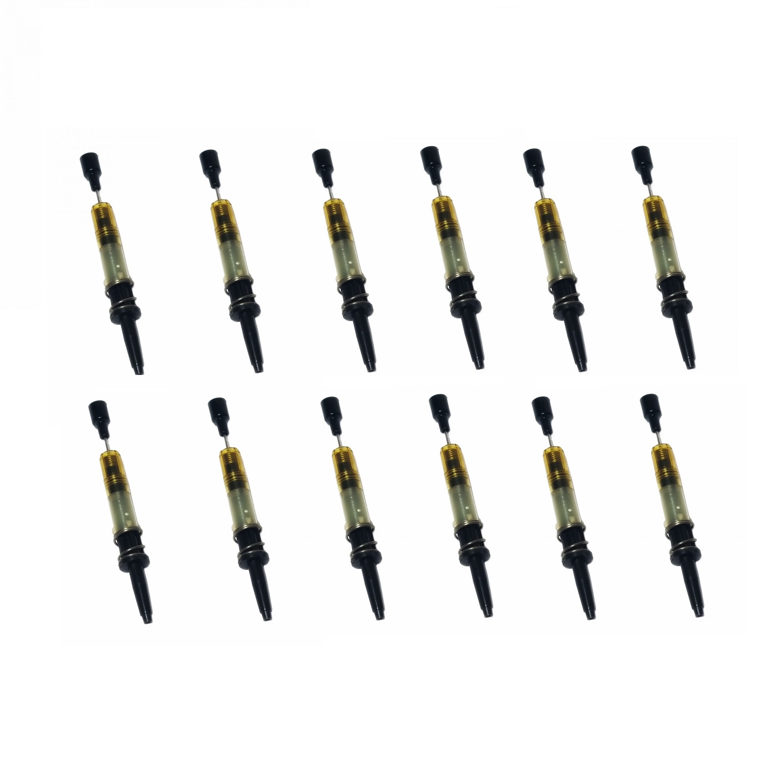 SA_726117 Twelve identical mLINE / Tacta Piston Assemblies, 12 Channel, 0.5-10μL (Sartorius), are arranged in three rows on a white background.
