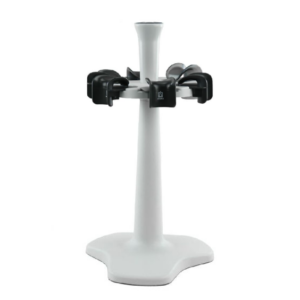 A white, pedestal-style Bench Top Carousel Rack (Transferpette pro and S, BrandTech) holds 6 pipettes and is shown from the front. New version.