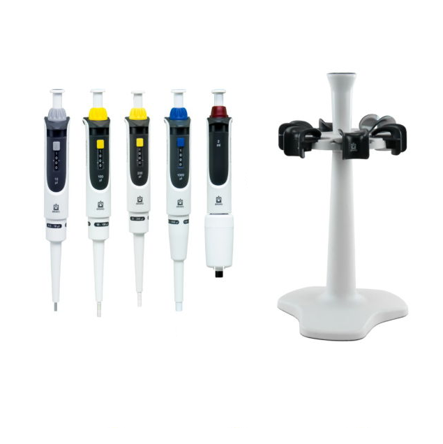 BT 705897 Five adjustable volume Transferpette S Pipettes (0.5-5000μL) and a white carousel rack from the BrandTech Package #2