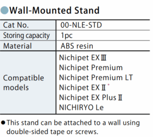 Table showing details for Nichiryo Pipette Holder: model 00-NLE-STD, holds 1 pc, made of ABS resin, compatible with various Nichipet models, and mounts easily using tape or screws.