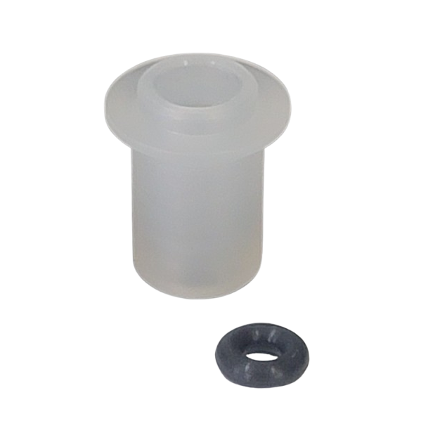 NLT-0500100 A translucent plastic bushing and a small black rubber washer from the Nichiryo / Oxford O-ring Set, 100μL (Nichiryo), displayed on a plain white background.