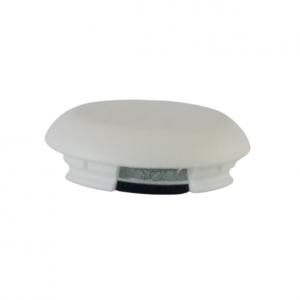 A white, round Finnpipette F1 Push Button Assembly, Upgrade Version, 300μL (Thermo Scientific), with a flat top and grooved base, is photographed on a plain white background.