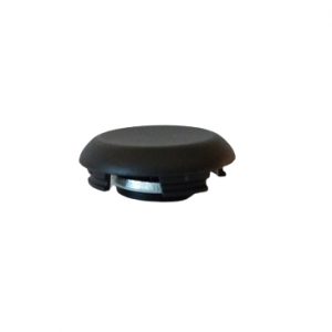 A black, round plastic cap with a domed top and ridged sides, part of the Finnpipette F1-ClipTip Push Button Assembly, Upgrade Version, 300μL (Thermo Scientific), is shown against a white background.